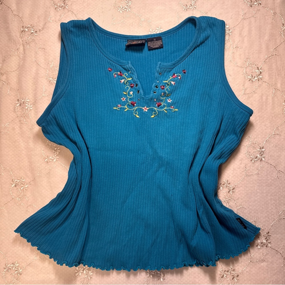 Vintage Y2K Route 66 Ribbed Embroidered Tank Top – Teal – Size 1X (Best Fits XL)